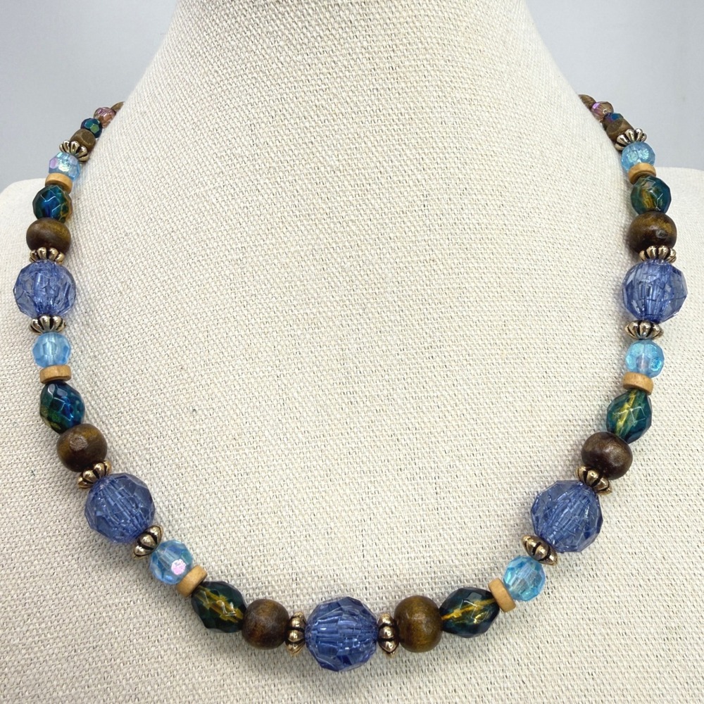 Iridescent Beaded Necklace Blue Green Gold Tone Adjustable